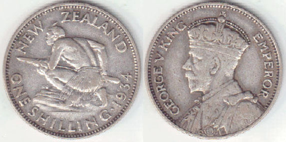 1934 New Zealand silver Shilling A002663